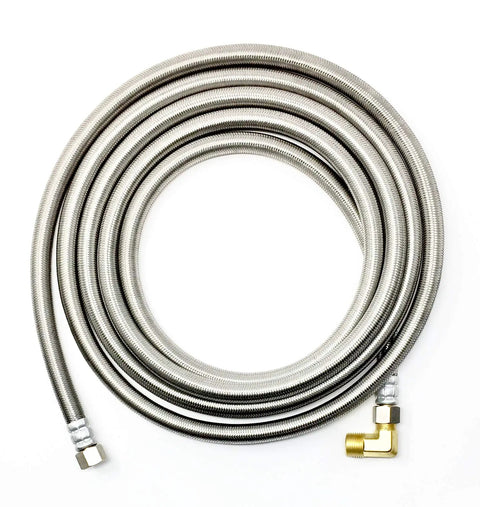 Ten Foot Stainless Steel Braided Dishwasher Hose With Burst Proof Water Supply Line Three Eighths Inch Compression To Three Eighths Inch MIP Elbow Heavy Duty Connector Flexible Durable Dishwasher Hose With Ten Year Warranty coiled