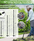 Woman using 2 In 1 Heavy Duty Garden Hoe With 62 Inch Long Handle Workhorse for fast weeding on flower bed, handle assembly diagram.
