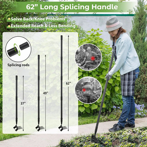 Woman using 2 In 1 Heavy Duty Garden Hoe With 62 Inch Long Handle Workhorse for fast weeding on flower bed, handle assembly diagram.