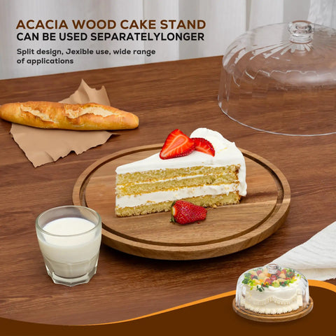 Heavy Duty Acacia Wood Cake Stand With Lid And Rotating Lazy Susan Tray, Smooth Spin Server Dome, cake slice and strawberries on round platter