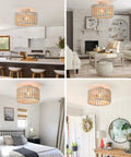 Beaded Boho Chandelier With 3 Lights Handcrafted Oak Wood Beads Rustic Semi Flush Ceiling Light in kitchen, living room, bedroom, nursery