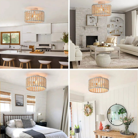 Dope Wood Beaded Boho Farmhouse Chandelier With E26 Base Semi Flush Mount Ceiling Light in various room settings
