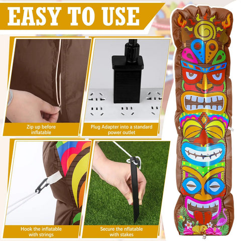 5 Ft Inflatable Tiki Decoration For Outdoor Luau Party With Built In LED Lights Flamingo And Palm Trees Blow Up Tiki Totem Yard Decor For Summer Beach Parties And Poolside Vibes Hawaiian Aloha Celebration Ready