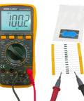 Victor VC9808+ handheld digital multimeter with red/black probes; resistor strip and 100kΩ 1% bag