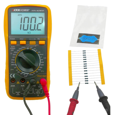 Victor VC9808+ handheld digital multimeter with red/black probes; resistor strip and 100kΩ 1% bag