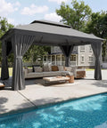 Heavy Duty Outdoor Gazebo for Patio 10x12 with Double Roofs and Metal Frame Mosquito Netting and Privacy Screen by pool