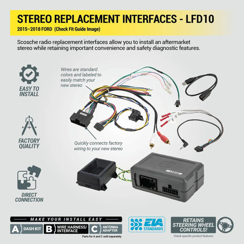Radio Replacement Interface With Steering Wheel Controls For Ford Focus 2015 2018 Non Amplified Factory Radio 4.2 Inch Screen Plug And Play LFD10 Car Stereo Wiring Harness Kit with connectors and cables.