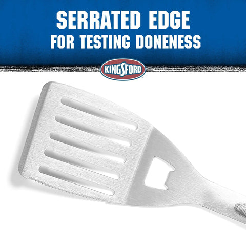Stainless Steel Grill Spatula With Wide Blade And Beveled Edge For Easy Flips And Stable Lifts Of Burgers, Veggies, And Delicate Fish, Red And Black Comfort Grip With Hanging Loop For Weeknight Or Weekend BBQs featuring a serrated edge for testing doneness.