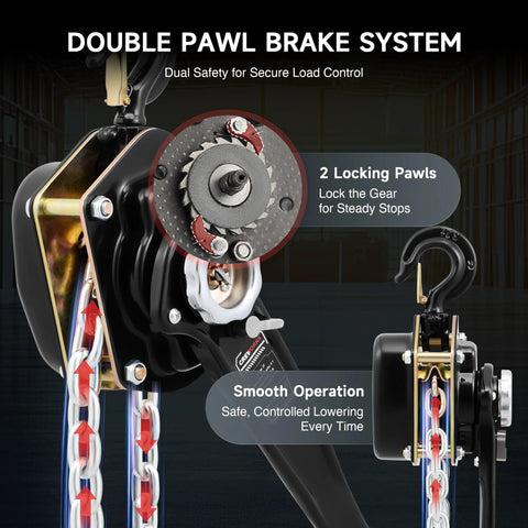 Front view of CREWORKS lever chain hoist with 3-ton capacity, galvanized chain and swivel hook
