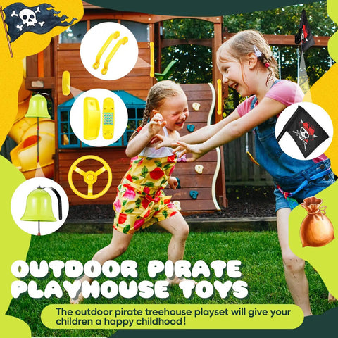 Nautical Themed Backyard Playground Accessories Set With Ship Wheels Telescope Telephone Bell Pirate Flag for outdoor playhouse