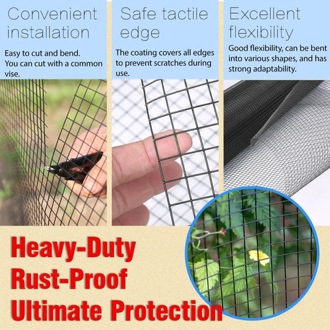 Badass 1/2 Inch Hardware Cloth And Chicken Wire Fencing with black vinyl coating, shown in flexible applications for animal enclosures.