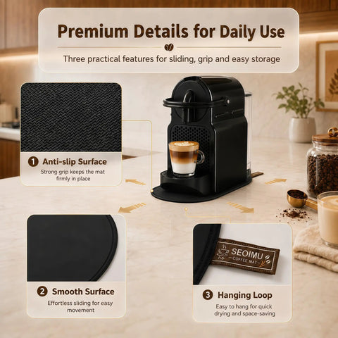 Sleek Sliding Mat For Inissia Espresso Machine With Anti Slip Base and Hanging Strap displayed with machine in kitchen