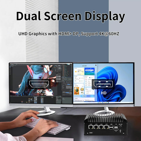 Dual screen display showcasing Heavy Duty Fanless Mini PC With N150 CPU Works Smooth As A No Fuss Firewall Appliance For OPNsense.