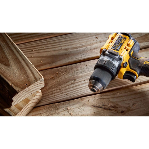 20V Max XR Brushless Cordless Drill And Driver Kit with Two Batteries on a wooden surface, compact design, metal ratcheting chuck