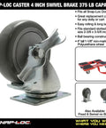 Heavy Duty Four Inch Polyurethane Swivel Caster With Killer Side Brake Holds Tight On Hills Glides Smooth For Easy Moving Handles Serious Loads Up To 375 Lbs Standard Top Plate Two Point Three Eight By Three Point Five Eight side view of caster with brake and steel frame