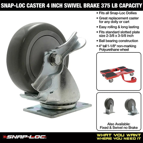 Heavy Duty Four Inch Polyurethane Swivel Caster With Killer Side Brake Holds Tight On Hills Glides Smooth For Easy Moving Handles Serious Loads Up To 375 Lbs Standard Top Plate Two Point Three Eight By Three Point Five Eight side view of caster with brake and steel frame
