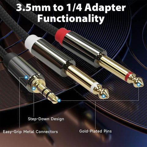Close-up of Three Point Five Millimeter To Dual One Quarter Inch TS Stereo Audio Cable With Gold Plated Braided Adapter Cable connectors