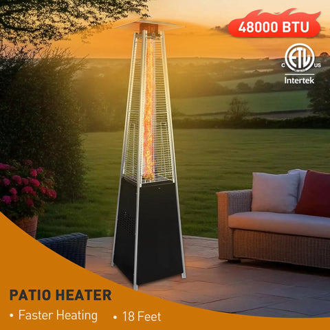 Outdoor Propane Patio Heater 48000 BTU With Detachable Wheels And Protective Cover Black shown on a backyard patio