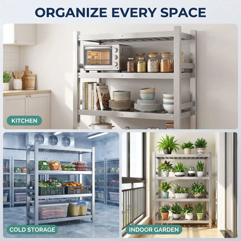 Rock Solid Stainless Steel Shelving Unit Heavy Duty Storage Rack Built Tough For Kitchen Restaurant Warehouse And Garage Support Up To 1320 Lbs display with kitchen items, cold storage, and indoor garden.