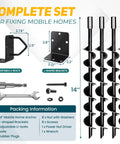 14 Inch Full Spiral Blade Mobile Home Ground Anchor Kit 4 Pack with U-bolts, L-shaped brackets, and power nut driver.