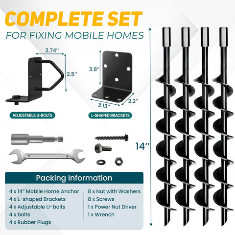 14 Inch Full Spiral Blade Mobile Home Ground Anchor Kit 4 Pack with U-bolts, L-shaped brackets, and power nut driver.