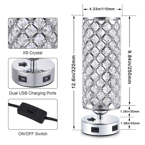 Crystal Bedside Lamps Set Of 2 With Dual USB Charging Ports Modern Nightstand Table Lamps For Bedroom And Living Room