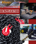 G80 Transport Binder Chain Three Eighth Inch By Twenty Foot Heavy Duty Tow Chain With Clevis Grab Hooks 7100 Lbs Safe Working Load Black For Truck Trailer Towing, showing chain's wide application.