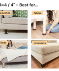 Non Slip Furniture Pads For Hardwood Floors 4x4 Inch Square Rubber Caster Cups Anti Skid Floor Protectors For Heavy Sofas Beds And Chairs Brown 4 Pack shown in use under couches, tables, beds, and loveseats.