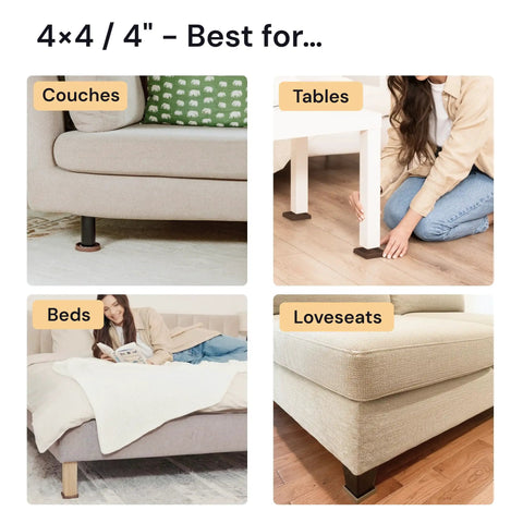 Non Slip Furniture Pads For Hardwood Floors 4x4 Inch Square Rubber Caster Cups Anti Skid Floor Protectors For Heavy Sofas Beds And Chairs Brown 4 Pack shown in use under couches, tables, beds, and loveseats.