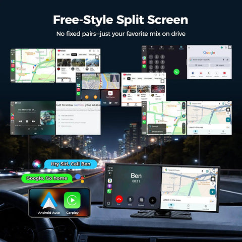 11 Inch AI CarPlay Screen With Gemini AI And Google Play Apps And Wireless Android Auto displaying split screen features in car
