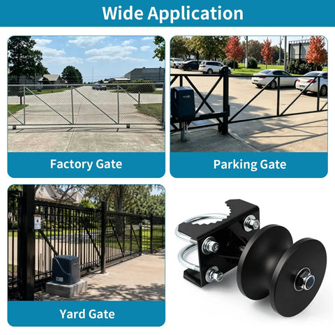 Cantilevered Gate Roller Built Tough With Heavy Duty Nylon Wheel And Weather Resistant Frame, Steel U Bolt And Mounting Hardware For Quick Install Fits Four Inch Round Posts And Two And Three Eighths Inch Or Two And A Half Inch Chain Link Fence Frames on factory, parking and yard gates