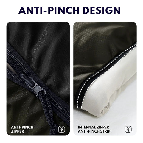 Close-up of anti-pinch zipper design on XXL Winter Sleeping Bag For Adults And Kids, 4 Season Cold Weather Camping Gear