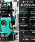 Multifunction pressure washer with adjustable flow, touchscreen, 8 levels, 5000 PSI max, 34-inch tall for home cleanup.