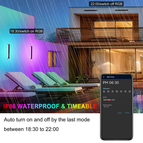 RGB Wall Washer Lights 42W RGBCW Smart App Controlled Waterproof LED Light Bar illuminating modern building at night