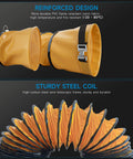 8 Inch PVC Flexible Duct With 25 Feet Length Adjustable Rope And D Shaped Rings For Easy Free Hanging And Utility Blower Exhaust Fan Support No Hassle Fire Resistant Heavy Duty Tape And Vinyl Braided Polyester Construction shown with reinforced design and sturdy steel coil.