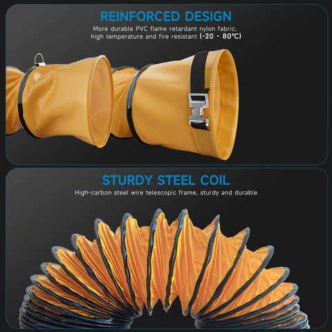 8 Inch PVC Flexible Duct With 25 Feet Length Adjustable Rope And D Shaped Rings For Easy Free Hanging And Utility Blower Exhaust Fan Support No Hassle Fire Resistant Heavy Duty Tape And Vinyl Braided Polyester Construction shown with reinforced design and sturdy steel coil.