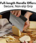 Person using Stainless Steel Bench Scraper With 1 To 6 Inch Measurement Marks For Even Dough Portions, Pastry And Pizza Cutter, Black.