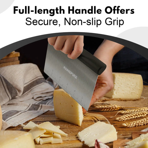 Person using Stainless Steel Bench Scraper With 1 To 6 Inch Measurement Marks For Even Dough Portions, Pastry And Pizza Cutter, Black.