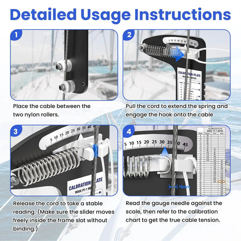 Hands Free Sailboat Rigging Tension Gauge For Standing Rigging And Forestays Reads 2000 Lbs While You Pull Works With Three Sixteenths Seven Thirty Seconds And One Quarter Inch Cable Diameters Portable Force Gauge For Solo Tuning, nylon rollers