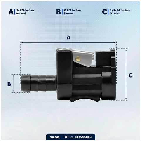 Side view of 3/8 Inch Barb Fuel Line Connector For Yamaha Engine End And Tank End, Female To Male Fittings with dimensions.