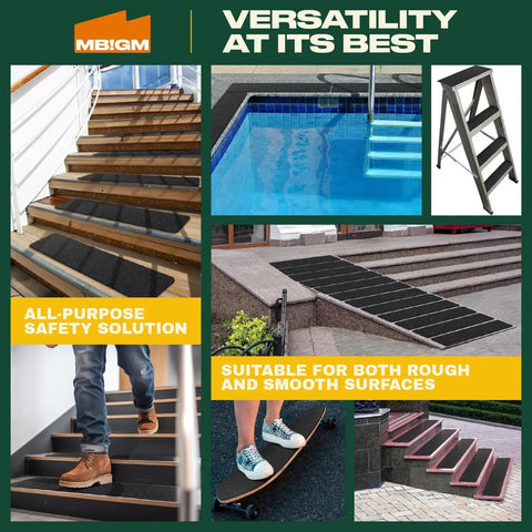 12 Pack 6 By 30 Inch Pre Cut Stair Treads With Heavy Duty Adhesive Non Slip Rubber Traction Strips For Outdoor Stairs And Deck Steps Weatherproof Black displayed on various stairs and surfaces