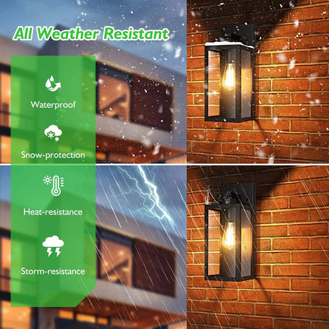 All Weather Outdoor Wall Mount Light Fixture With Glass Shade, Waterproof Exterior Lantern in Matte Black Finish on brick wall