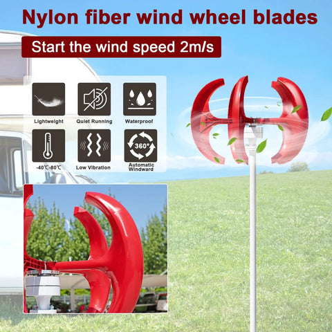 1000W Vertical Wind Turbine Kit With 12V 24V System, Low Noise Wind Power Generator with red nylon blades in a field