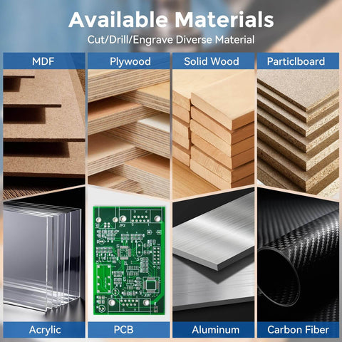 Various materials like MDF, plywood, solid wood, particleboard, acrylic, PCB, aluminum, carbon fiber for Two Pack Up Down Spiral Router Bits With One Quarter Inch Shank And One Quarter Inch Cutting Diameter Nano Blue Coated Solid Carbide CNC End Mills For Wood Carving Engraving And Milling Pro Grade Dual Action Compression Bit Set