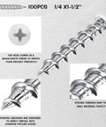 100 Pack White Drywall Anchors 1/4 X 1-1/2 Inch Pan Head Alloy Steel Self Drilling Wall Anchors with close-up on threading and tip.