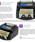 Pro Level Single Denomination Bill Counter Machine With Smart Counterfeit Detector And Lightning Fast Infrared Sensors For Smooth Everyday Cash Value Processing with US dollar bills stacked in front.