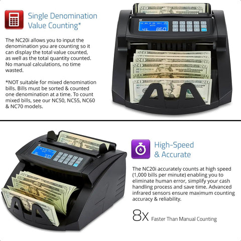 Pro Level Single Denomination Bill Counter Machine With Smart Counterfeit Detector And Lightning Fast Infrared Sensors For Smooth Everyday Cash Value Processing with US dollar bills stacked in front.
