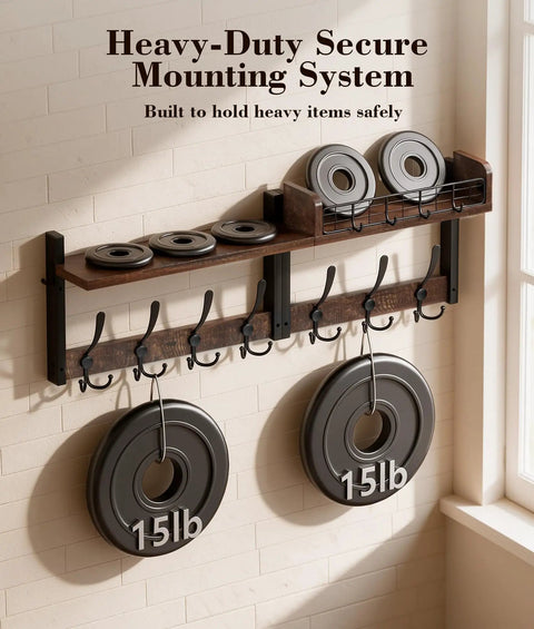 29 Inch Modular Coat Rack Wall Mount With Shelf And Seven Triple Hooks Straight Up Designed To Handle Your Daily Grind Keep Entryway Neat While Grabbing Coats Jackets And Bags On The Fly Brown with heavy-duty mounting system and weights.