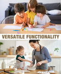 Children coloring at table and mother baking with child in kitchen, illustrating versatile functionality at home