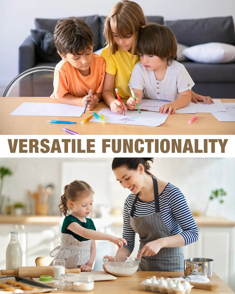 Children coloring at table and mother baking with child in kitchen, illustrating versatile functionality at home